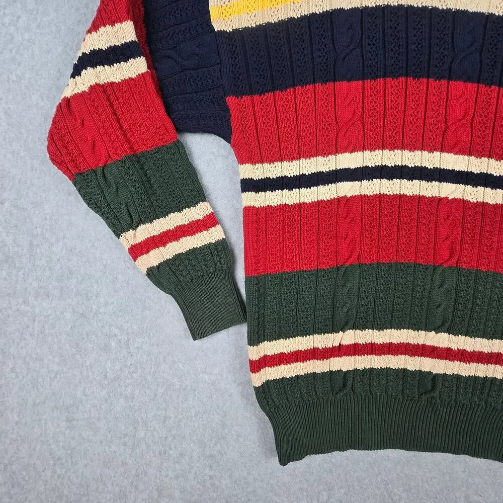 Vintage Nautica Sweater Mens Large Stripe Cable Knit Crew Neck Navy Multi Color - Picture 4 of 16